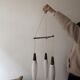 Suspension 3 feux opaline & teck, Louis Kalff 1960