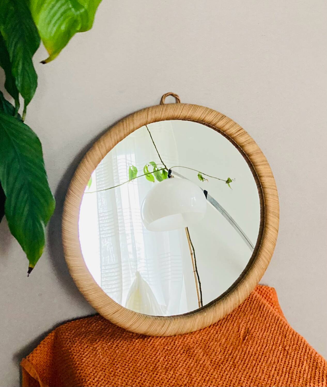 Vintage Round Rattan Wall Mirror 1990s