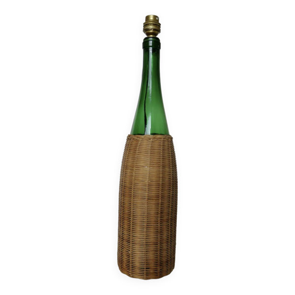 Lampe '' bouteille '' en rotin et verre années 60 70