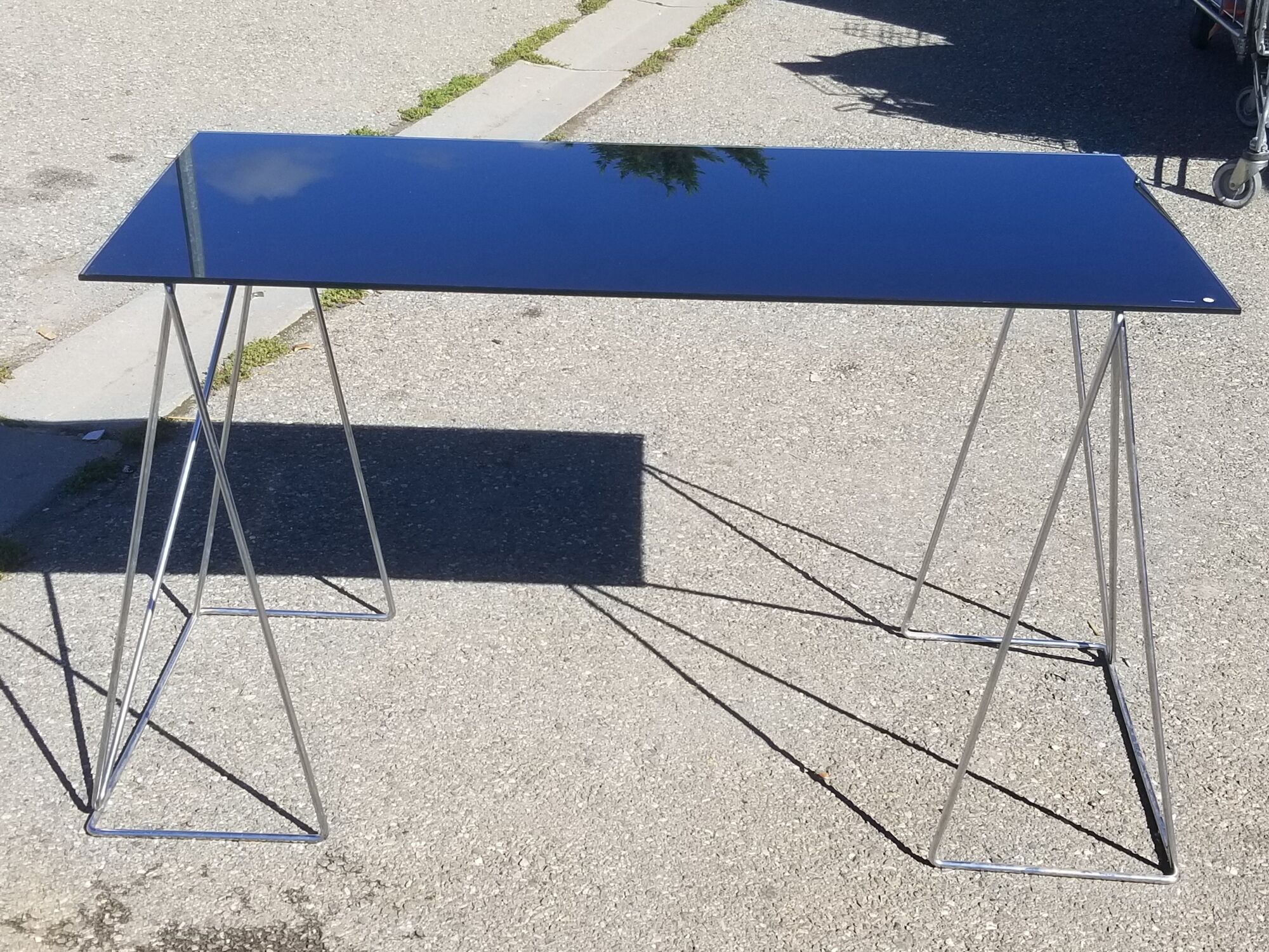 Vintage steel wire desk with chrome trestles and smoked glass top