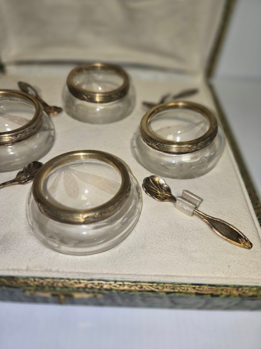 Antique salt cellar set in crystal with spoons – early 20th century