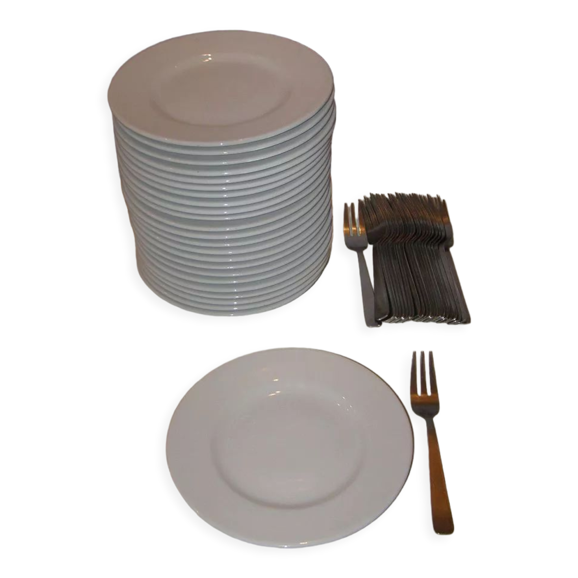 72 white porcelain dessert plates "Saturnia" + 72 stainless steel dessert forks