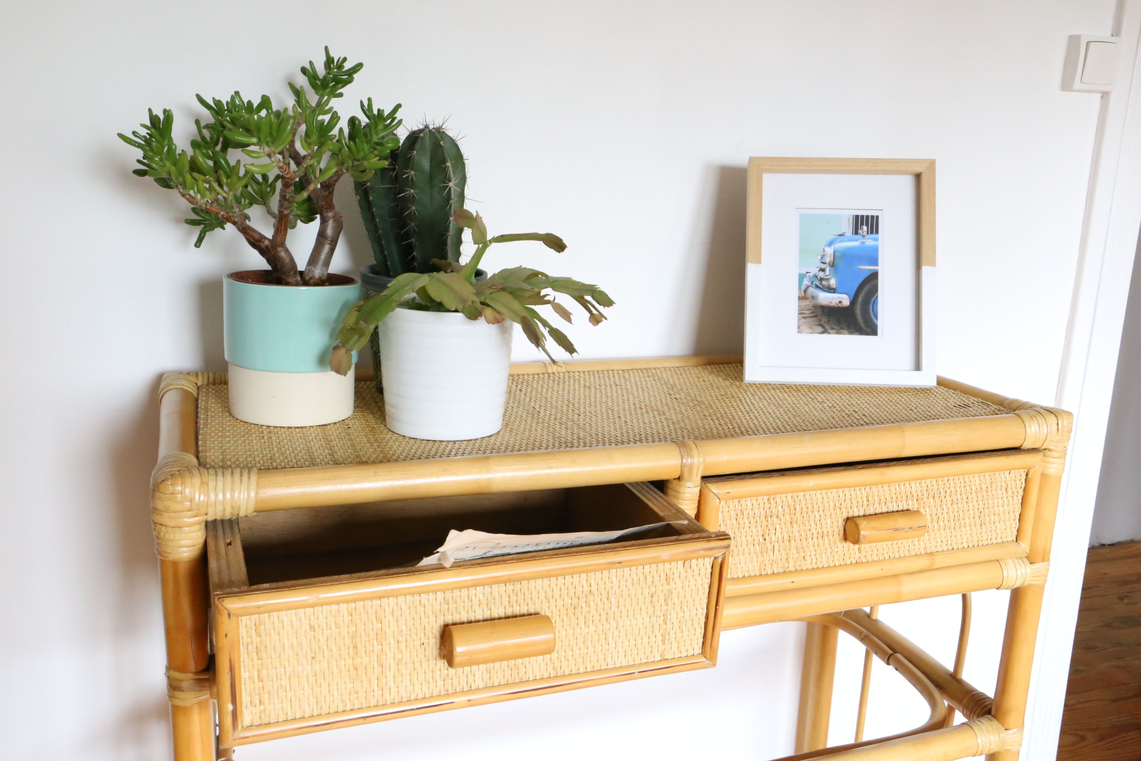 Rattan and wicker console, two drawers