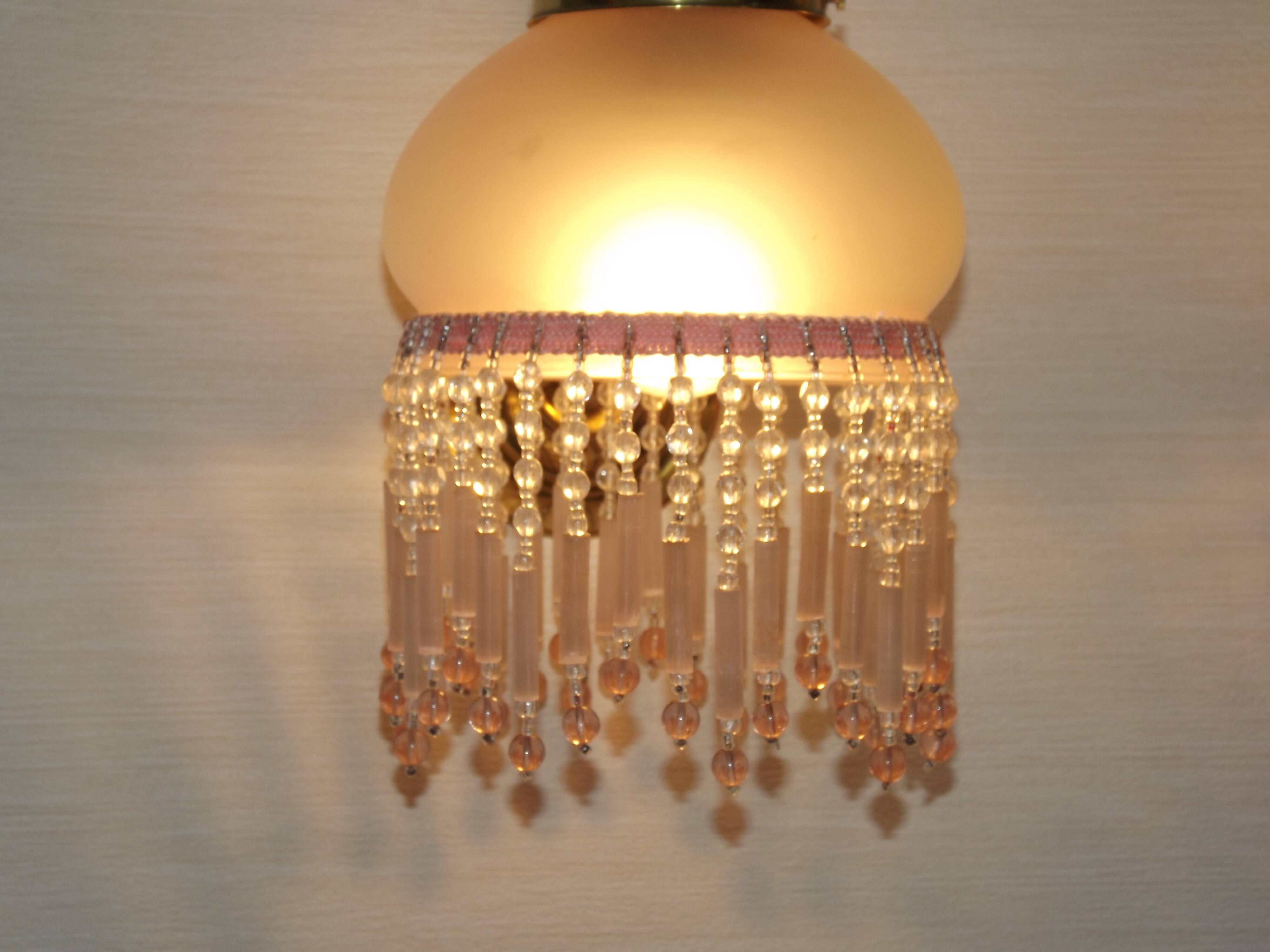 Pair of French Vintage Gold Wall Lights Pink Glass Beaded Fringe Shades