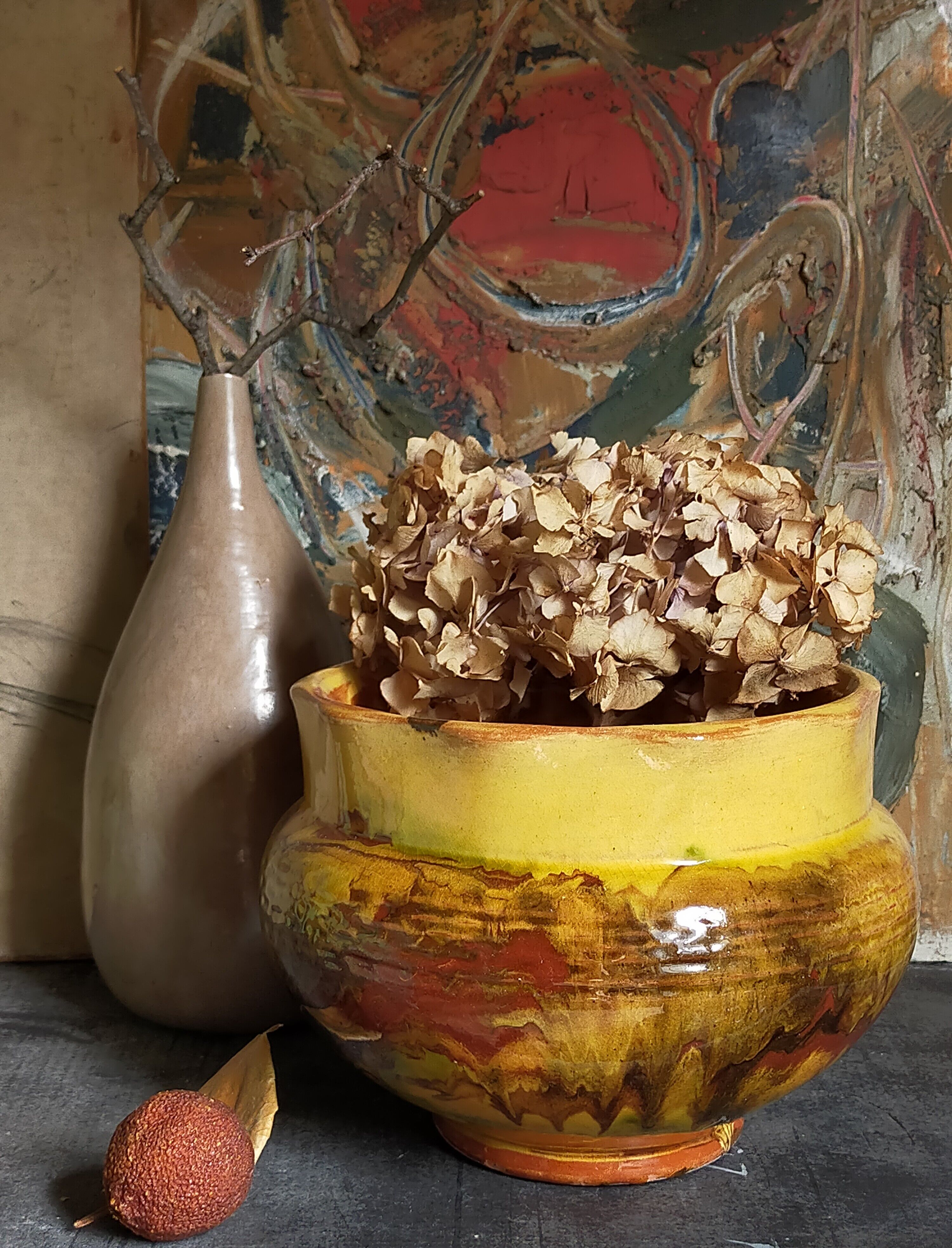 Old provencal pot cover in glazed terracotta