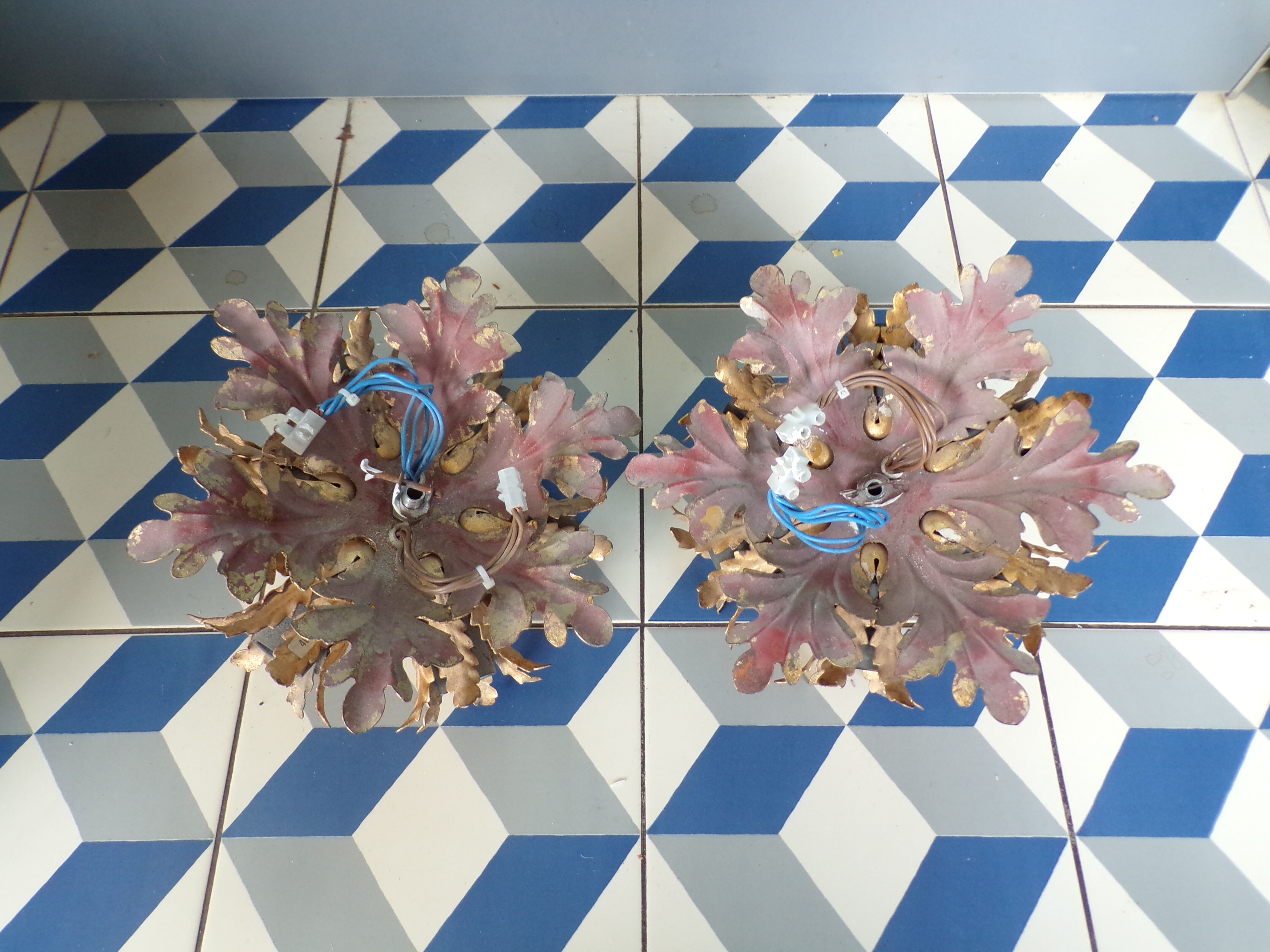 Pair of gold iron leaf ceiling lights