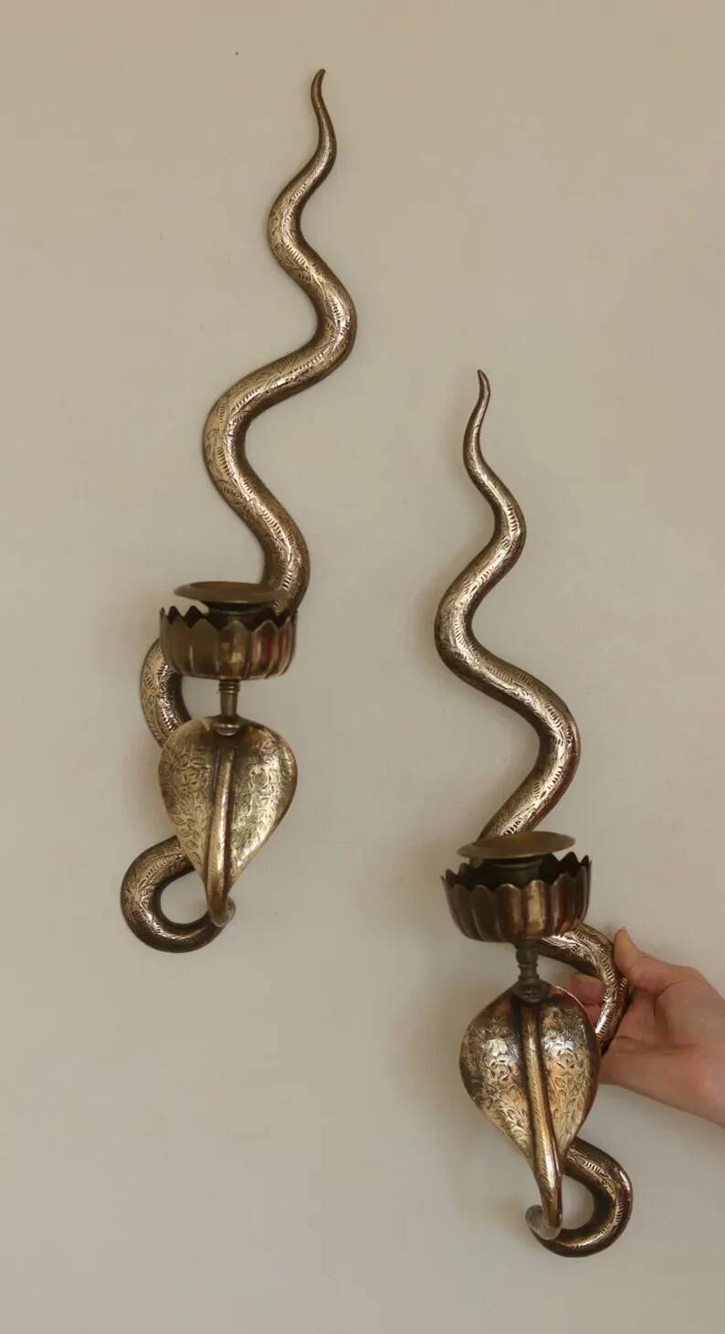 Pair of Egyptian Revival Style Engraved Brass Cobra Sconces