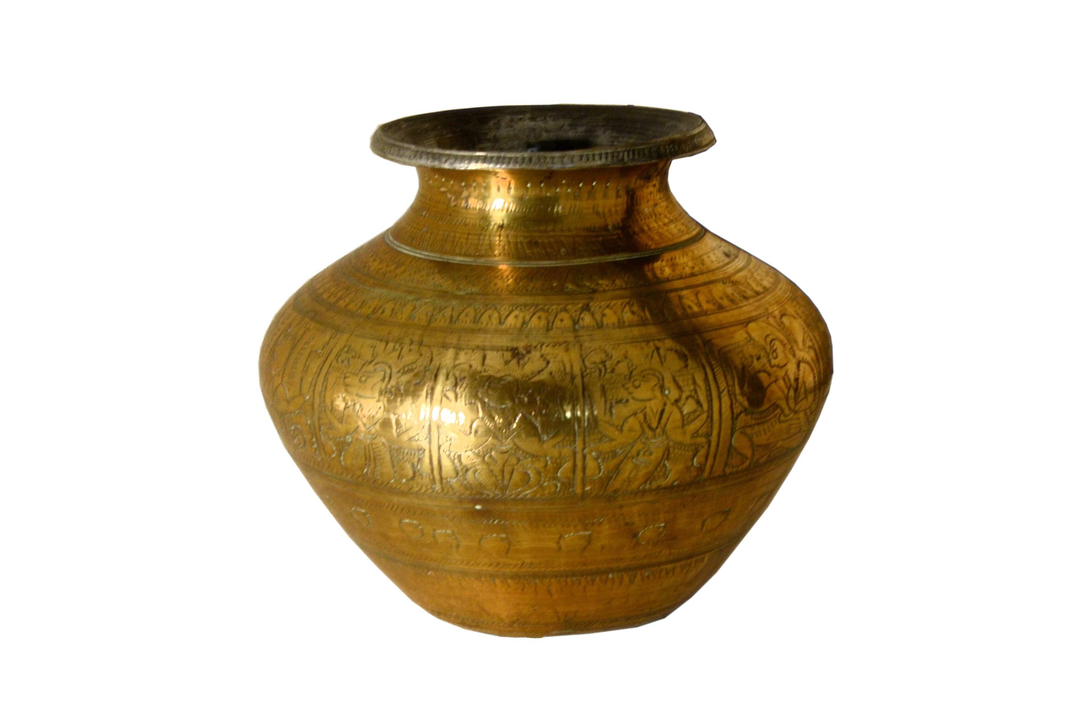 Vase ethnique ancien en bronze, fabrication artisanale d’Inde, 17x14cm