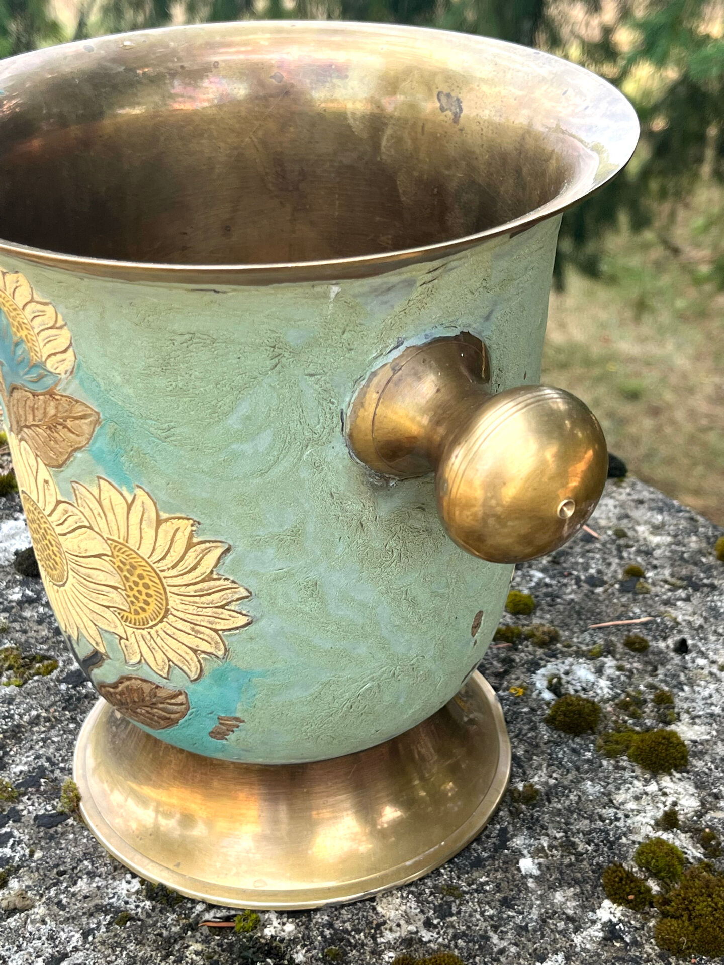 Cloisonne Brass champagne bucket with sunflower relief decoration