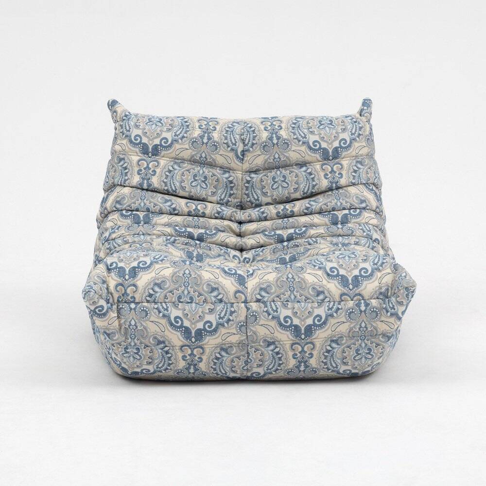 Togo lounge chair and pouf in patterned fabric by Michel Ducaroy for Ligne Roset, 1973, set of 2
