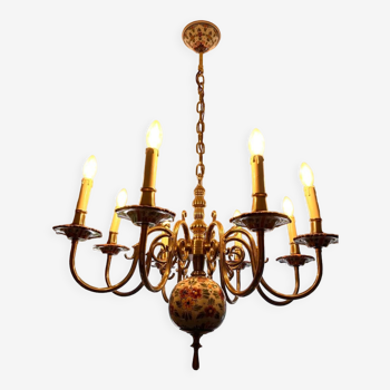 8-branched brass and porcelain chandelier