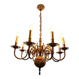 Lustre 8 branches laiton et porcelaine