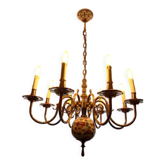 8-branched brass and porcelain chandelier