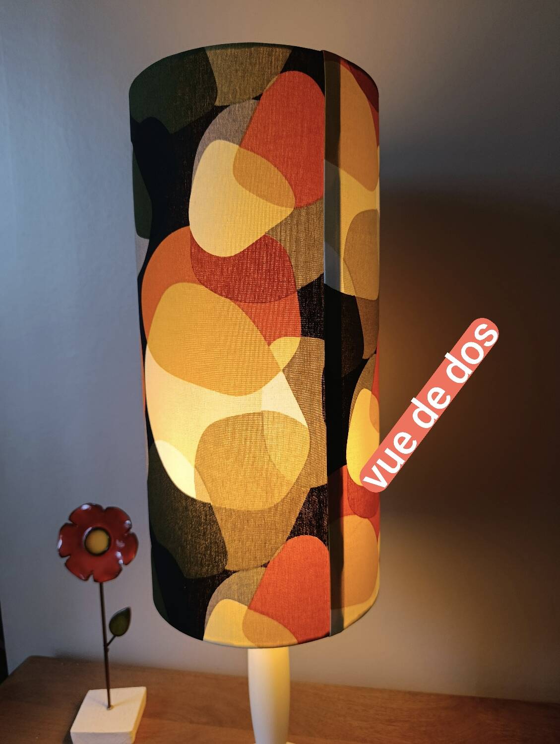 vintage lamp with a white wooden base, multicoloured sixties lampshade