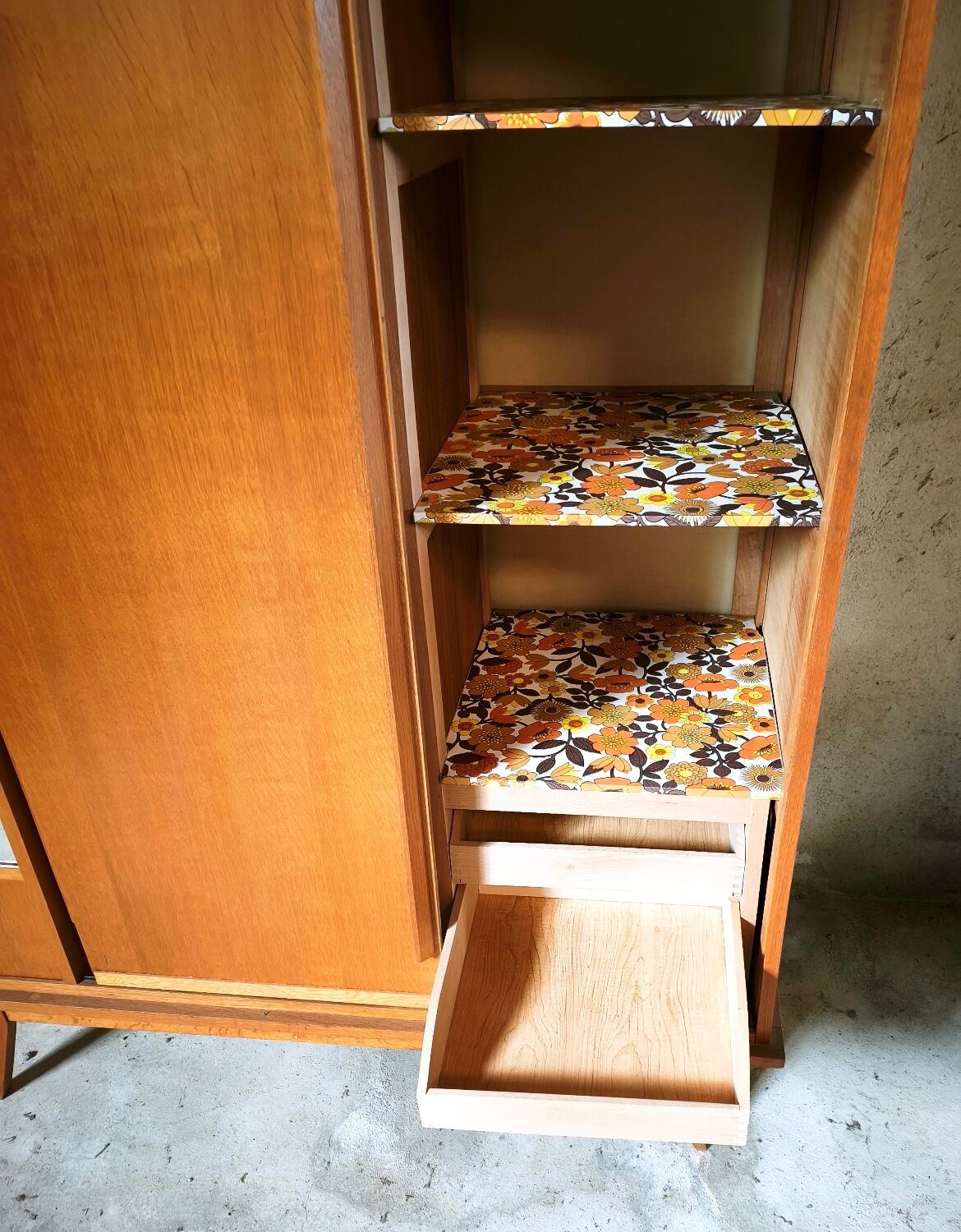 Vintage Scandinavian wardrobe, tapered legs, sliding door.
