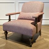 Wooden armchair and fabric with red chevron pattern with casters