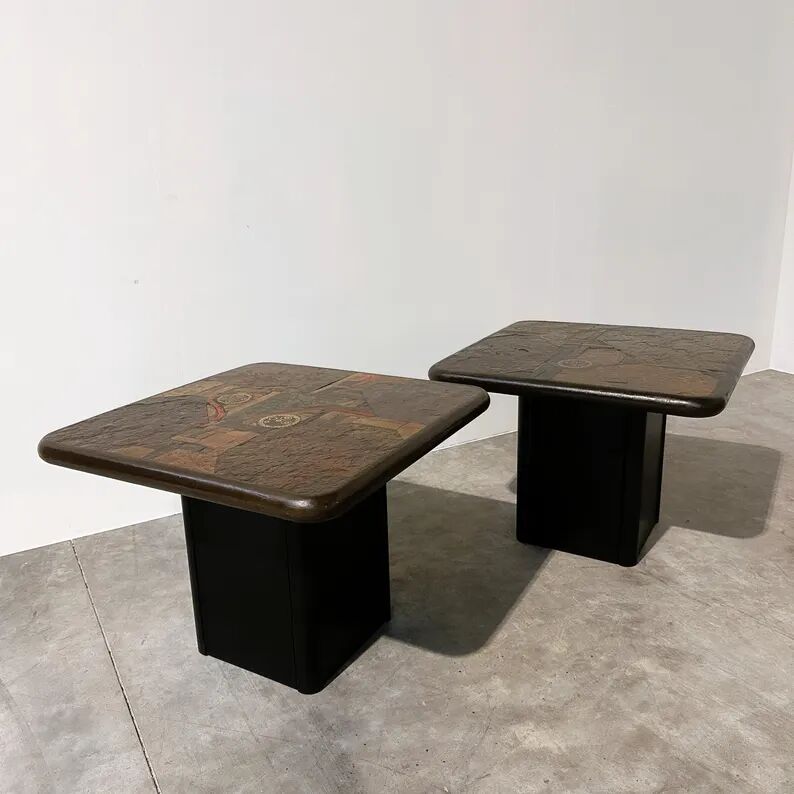 Pair of vintage Kneipp side tables with sculptural tops in mixed materials, 1970s