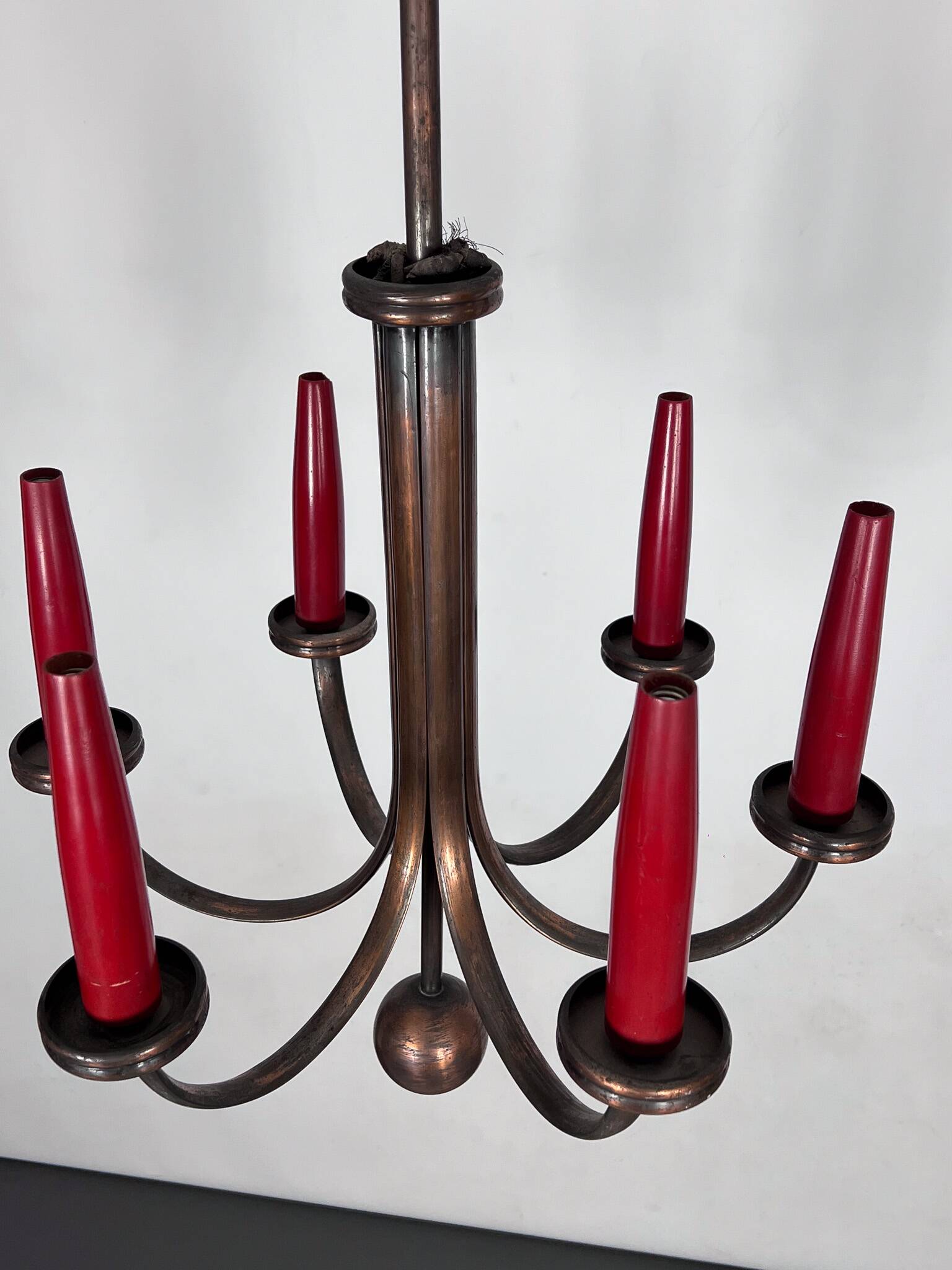 Mid-Century Modern six arms copper chandelier in Gio Ponti style. Italy 195