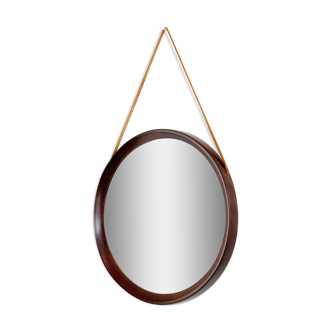 Large mid century solid teak mirror, vintage danish design round mirror