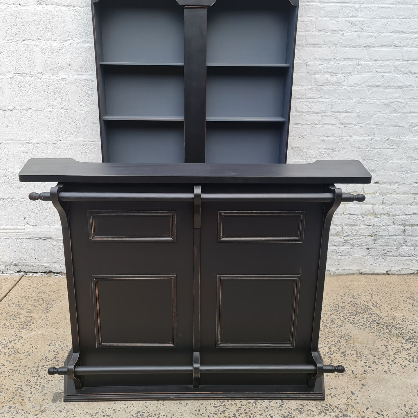 Bar set and back shelf black patina counter