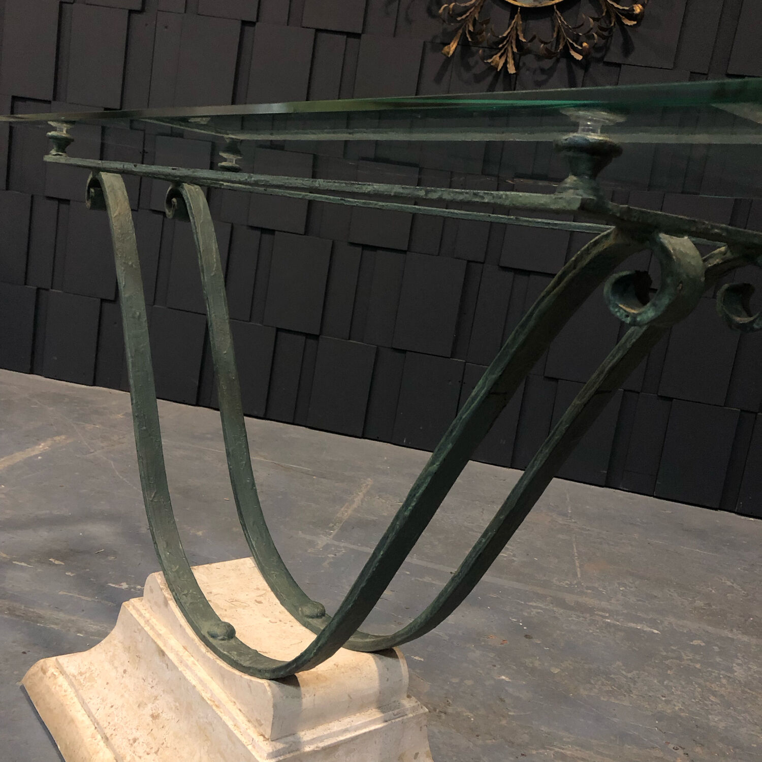 Iron and glass console, antique patina