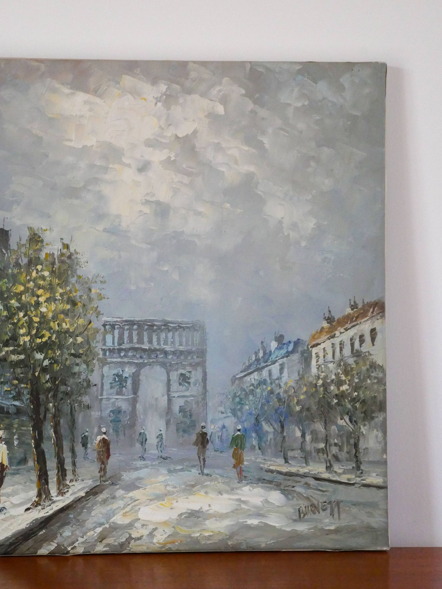 painting / oil on canvas streets of Paris under the snow vintage