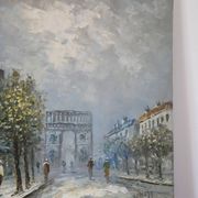 painting / oil on canvas streets of Paris under the snow vintage