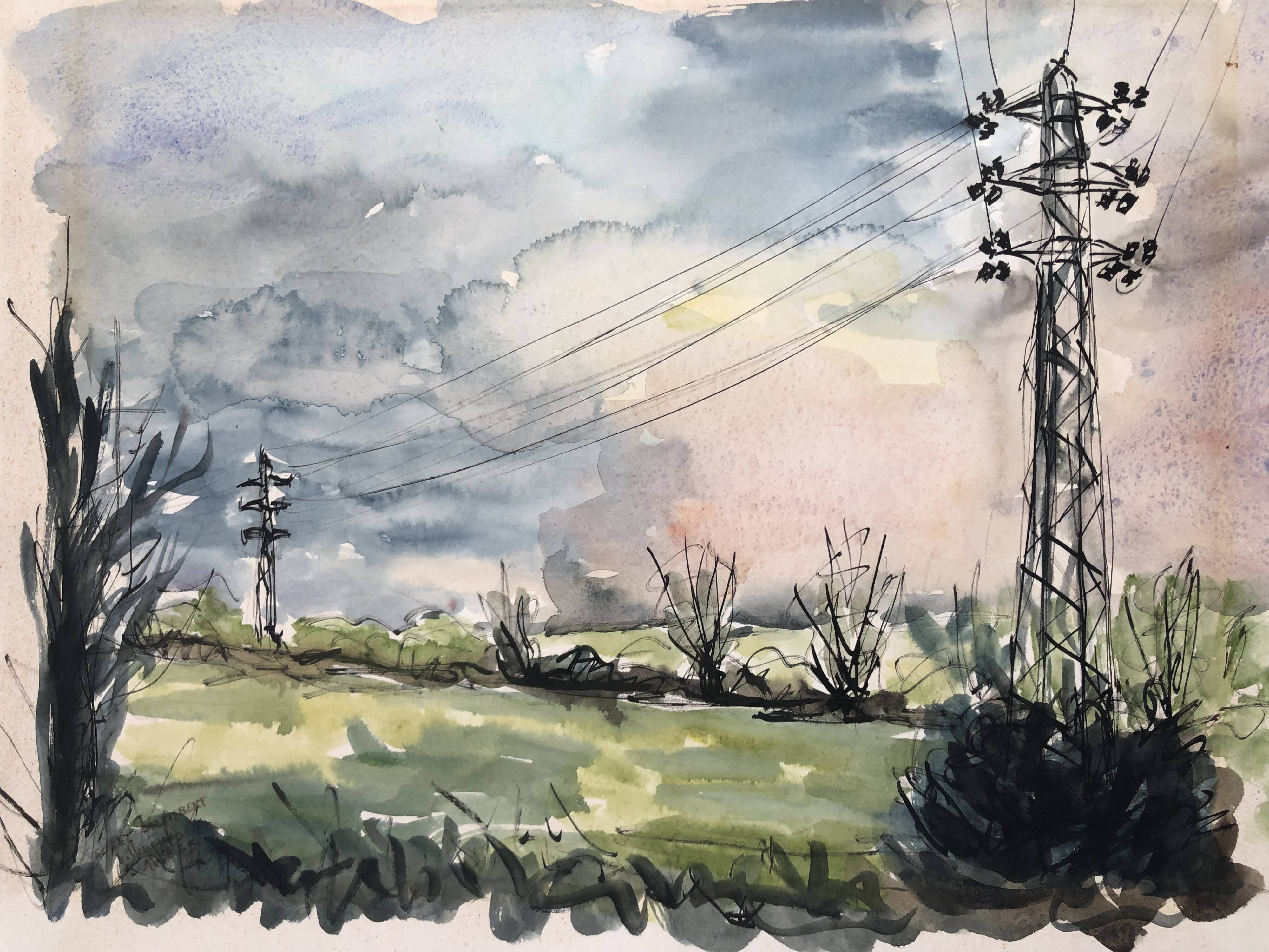 Watercolor & black ink landscape of villecresnes 94 val de marne, pylons, signed suzel calembert