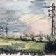 Aquarelle & encre noire paysage de villecresnes 94 val de marne, pylônes, signé suzel calembert