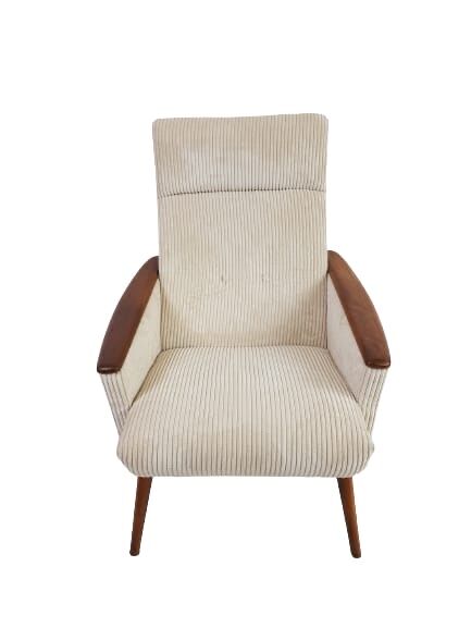Vintage off white textile easy chair teak