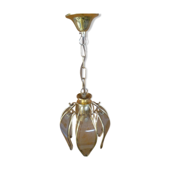 Suspension "tulipe" vintage 70's en verre & laiton