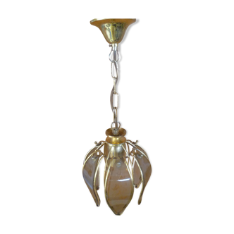 Chandelier suspension "tulip" vintage 70's glass & brass