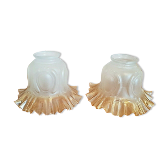 Pair of Amber & Opaque Glass Decorative Replacement Shades Frilled Edge 3544