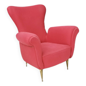 Vintage Wingback Red Cotton Armchair with Brass Feet, Italy