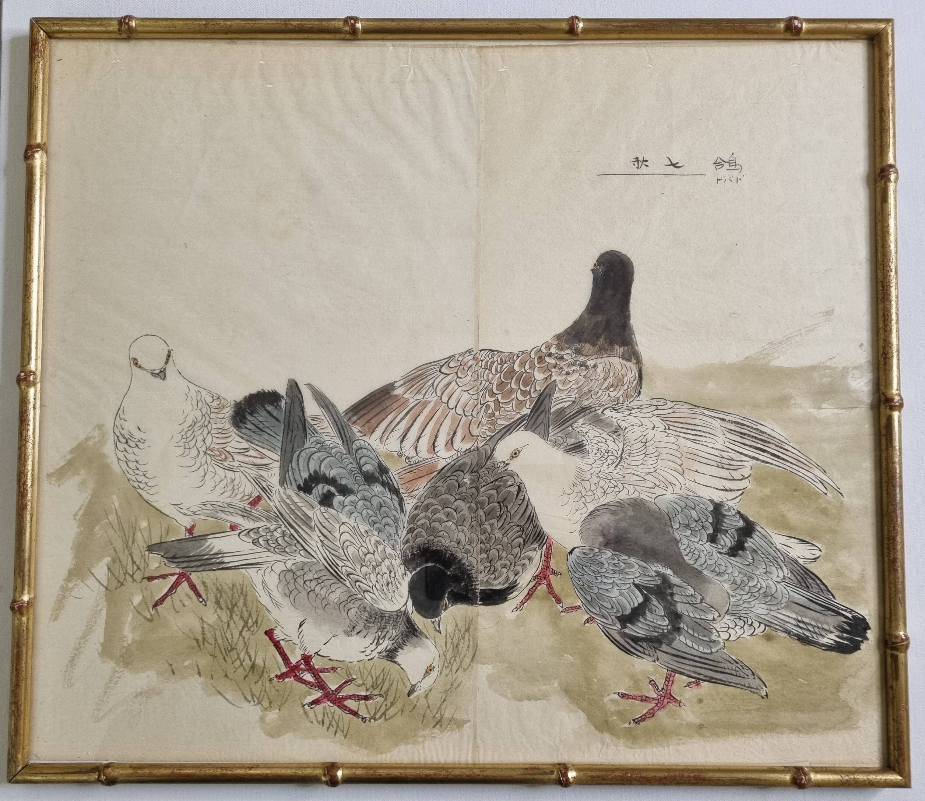 Ancient Japanese watercolour The Wood of Pigeons signed circa 1900 42x48 cm