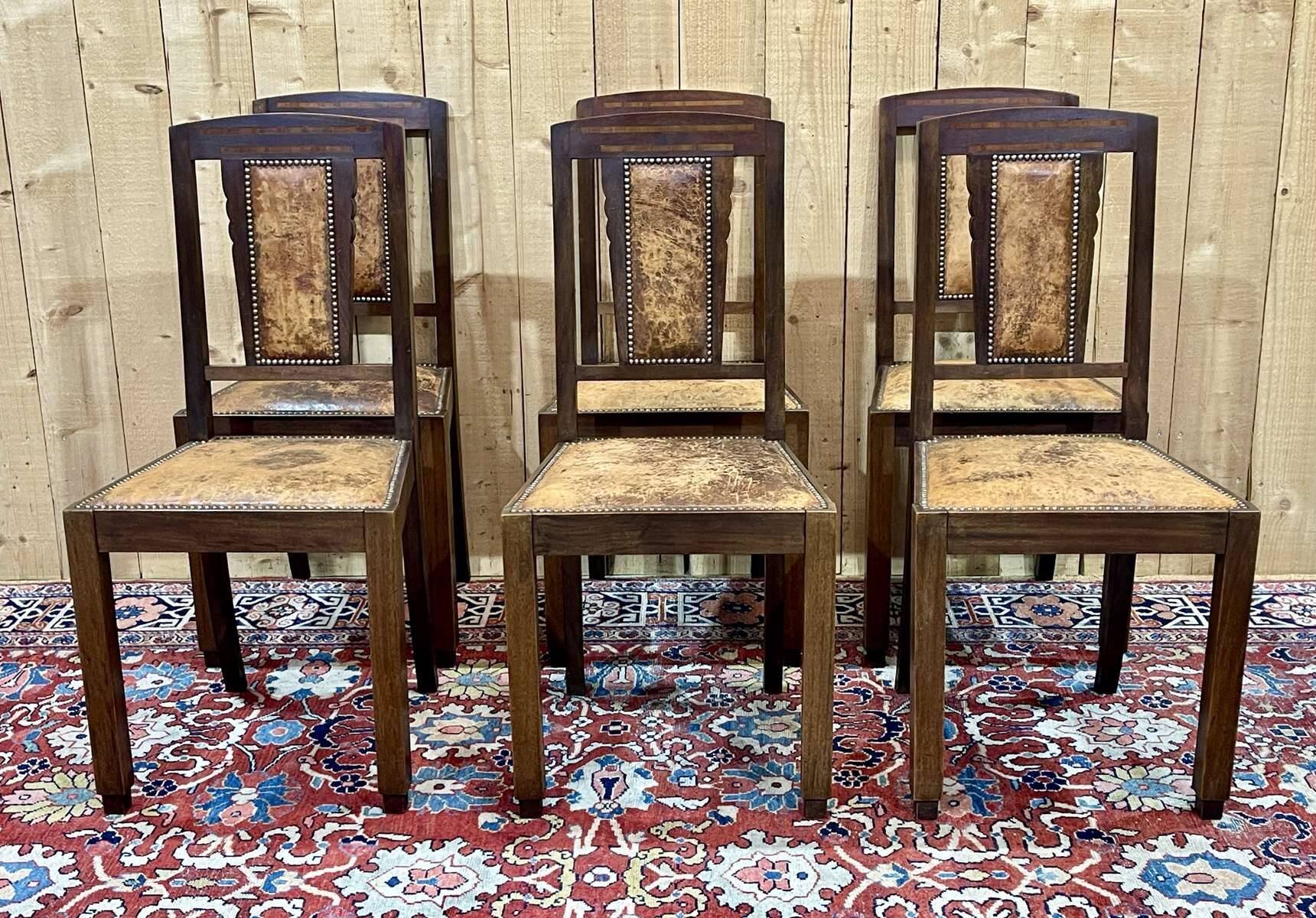Series of 6 Art Deco chairs in mahogany and leather from the 1930s