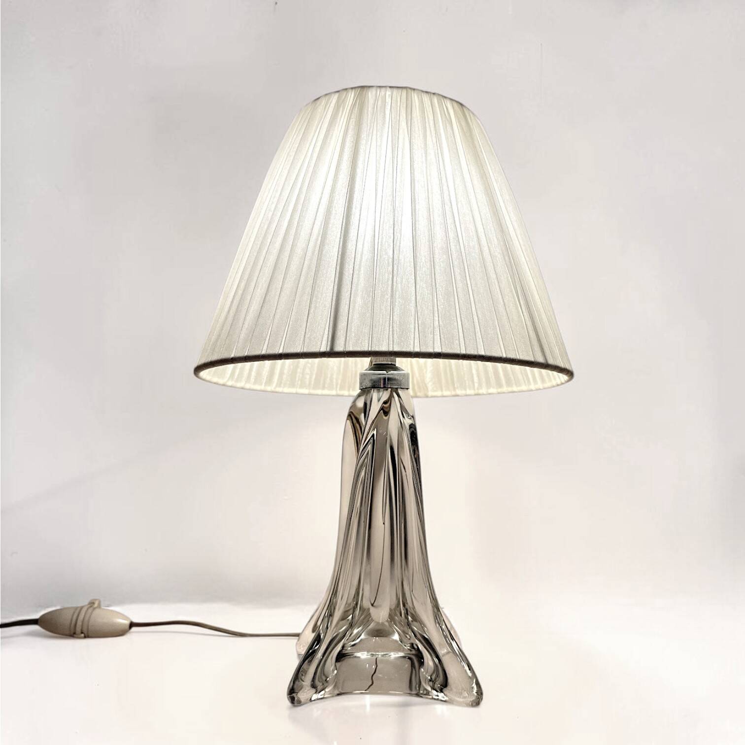 vintage crystal lamp base from the 1960s with a white ribbon shade