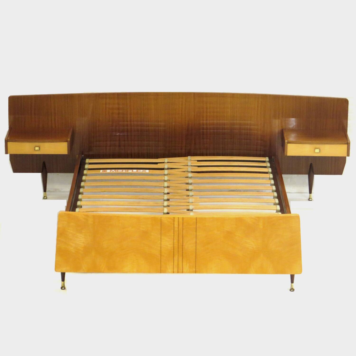 Mid century double bed bedroom set + floating nightstands in teak & maple