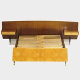 Mid century double bed bedroom set + floating nightstands in teak & maple