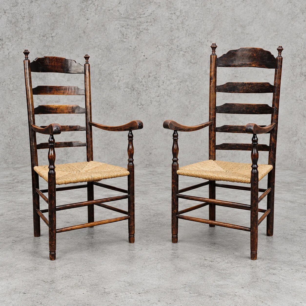 Early 20th century handcrafted and carved highback / ladder back chairs /