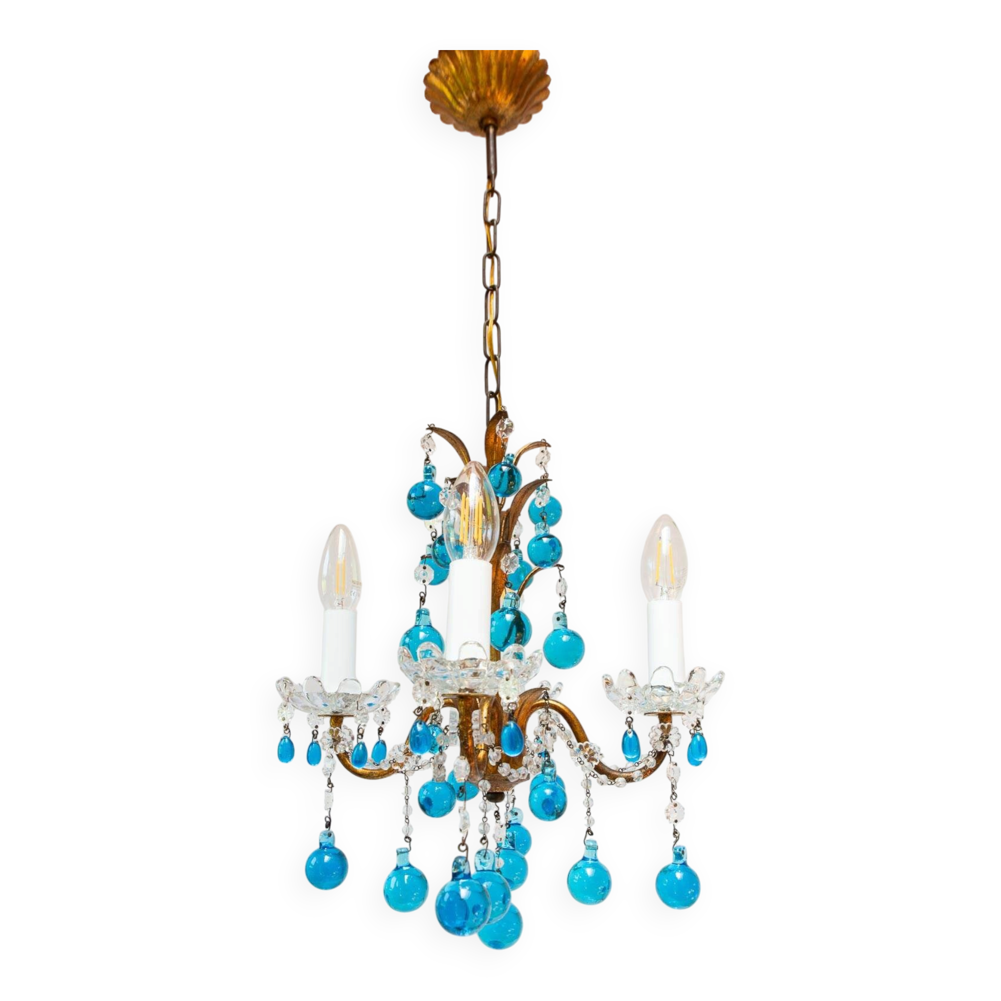 Lustre italien en metal doré avec des gouttes cristal Murano bleu turquoise