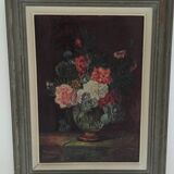 Oil on panel: still life with a bouquet of flowers on a bed