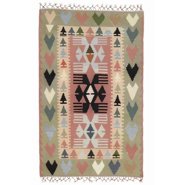 1970s Vintage Turkish Oushak Handmade Wool Cotton Green Runner Rug 107x175