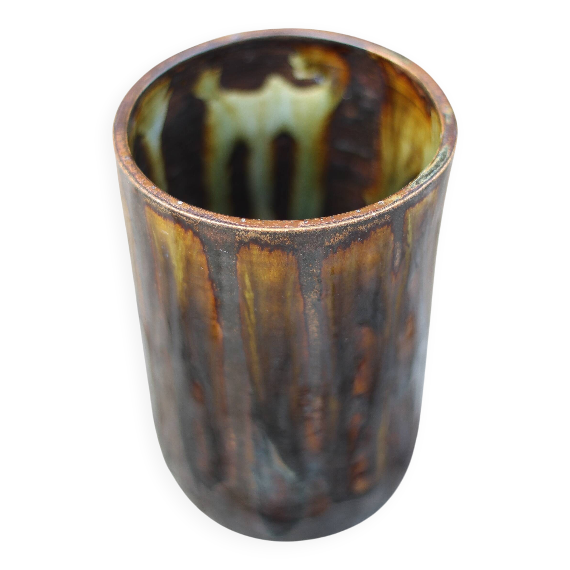 Glazed stoneware vase with drips, vintage signed vase, flower pot