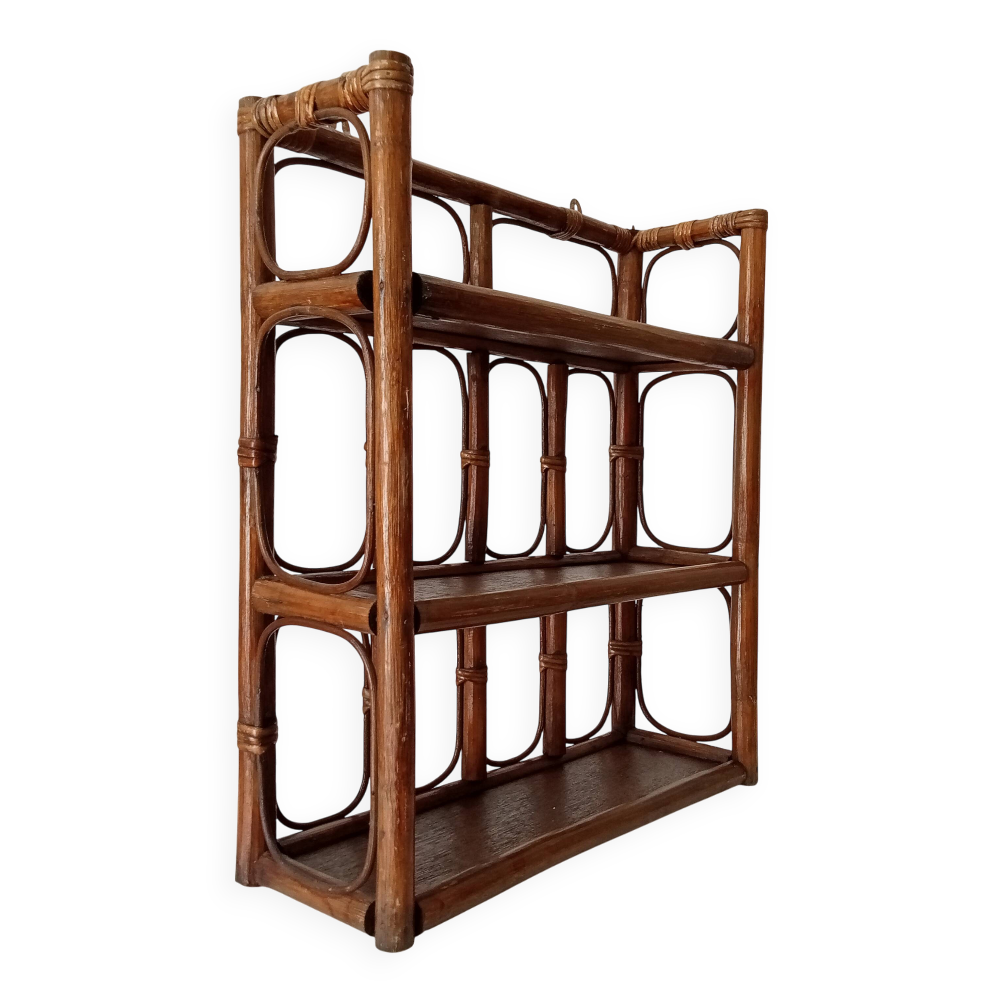 Vintage bamboo and rattan wall shelf