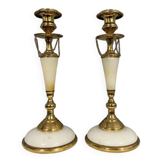 Pair of Napoleon III candlesticks in white marble, bronze and gilded brass circa 1880-1900