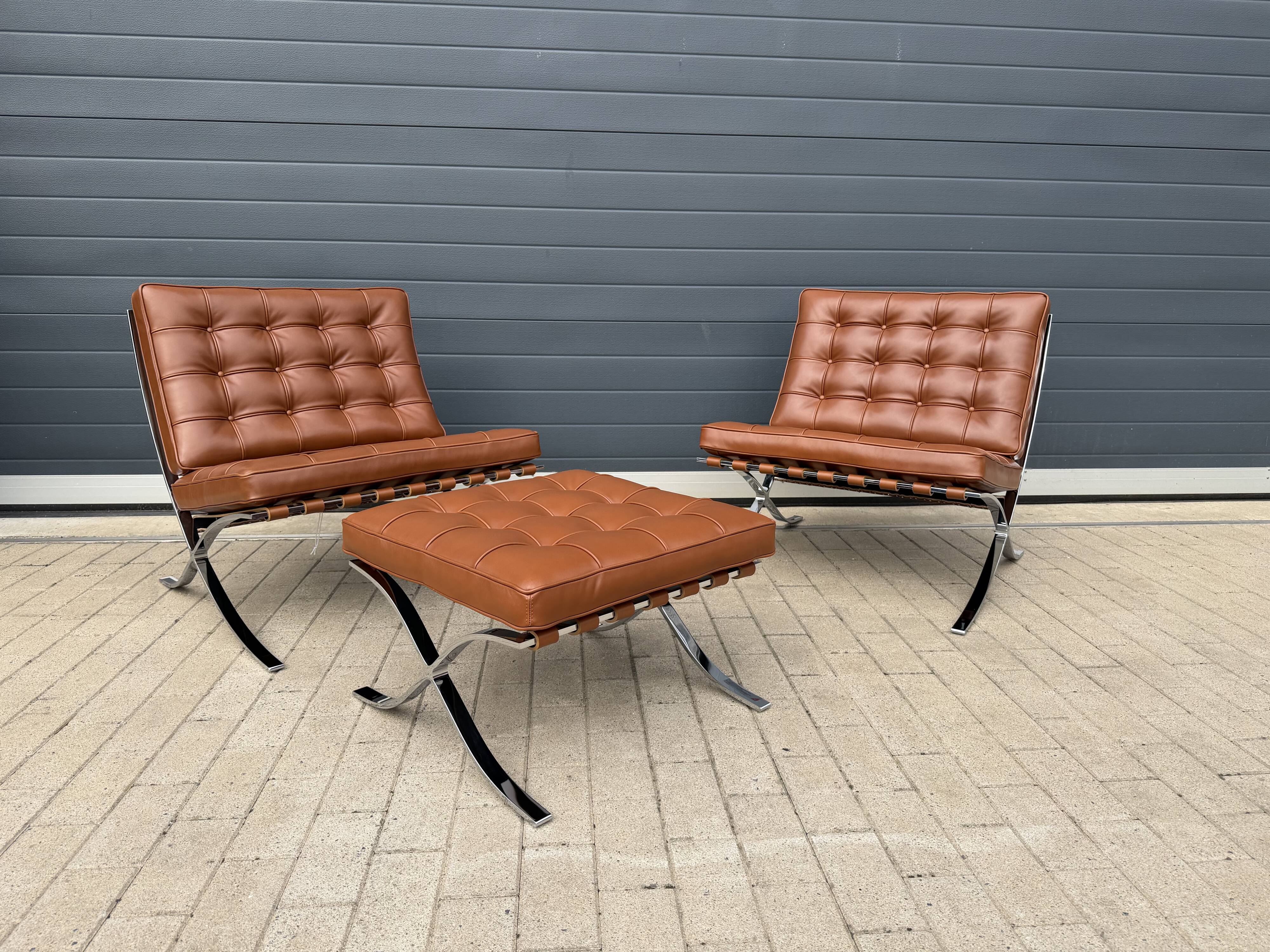2x brand new original knoll barcelona relax + ottoman, venezia cognac leather