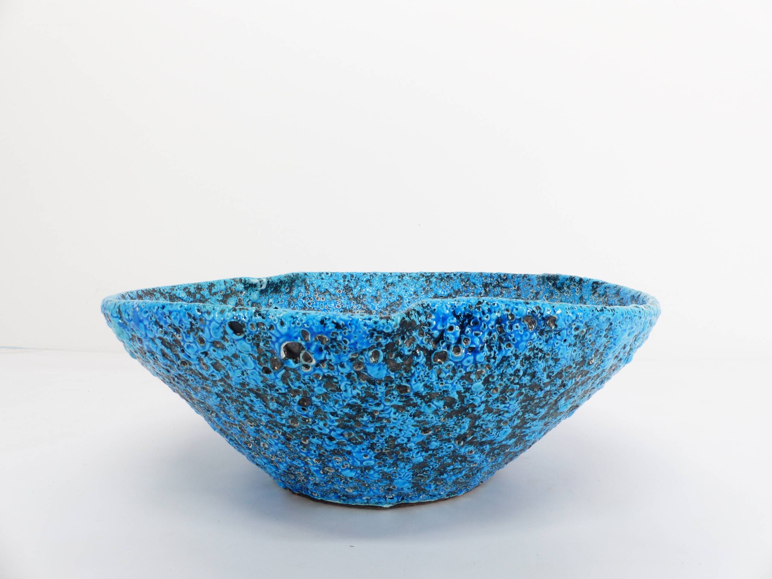 Ceramic fruit bowl with turquoise blue sea foam enamels, 1950