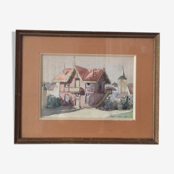 "La maison rose" aquarelle XIXe