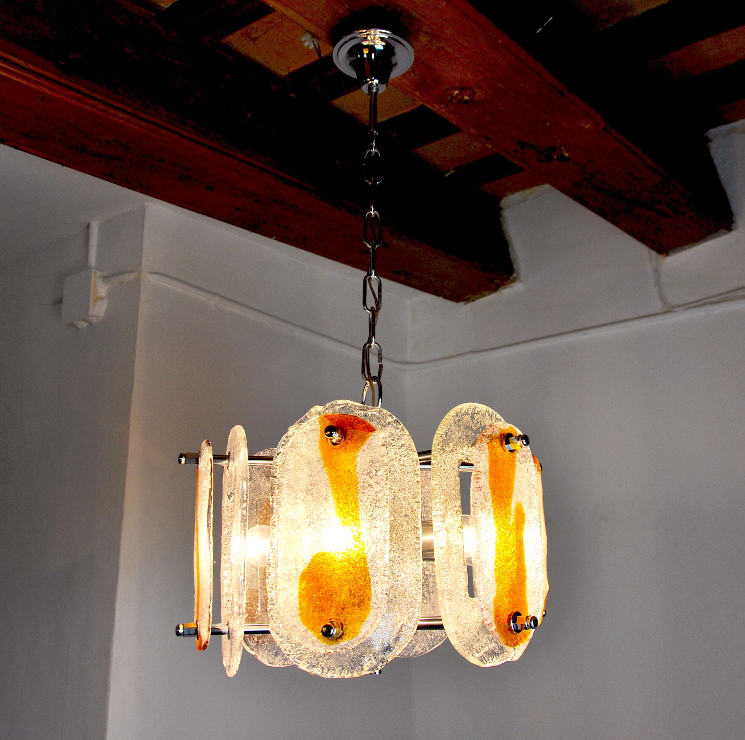 Murano mazzega chandelier, orange frosted glass, italy, 1970